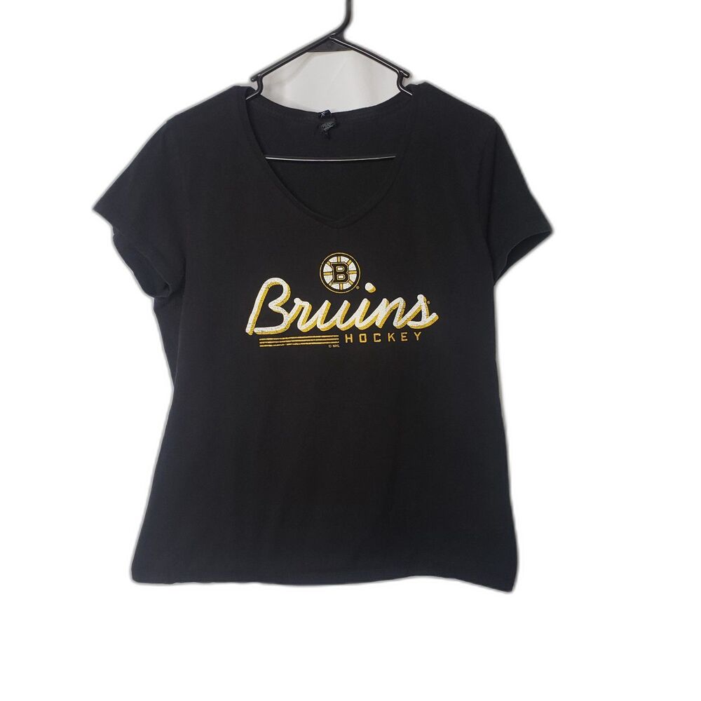 BRUINS NHL Hockey V Neck Black Short Sleeve T Shirt Size Large